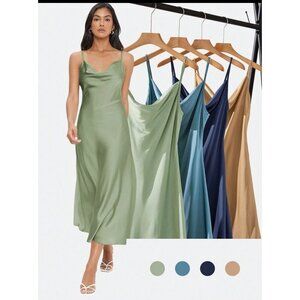 sage green satin midi dress cowl neck